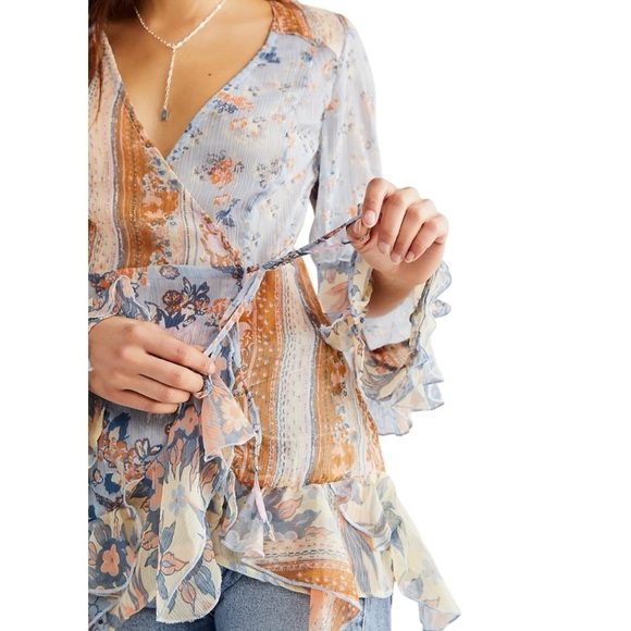 Free People Magic Hour Wrap Top Ruffled Pieced Design Wrap Around NWOT Side Tie - Picture 2 of 8